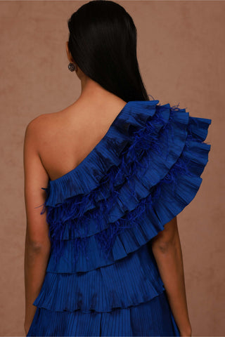 Shriya Som-Bright Blue One Shoulder Taffeta Dress-INDIASPOPUP.COM