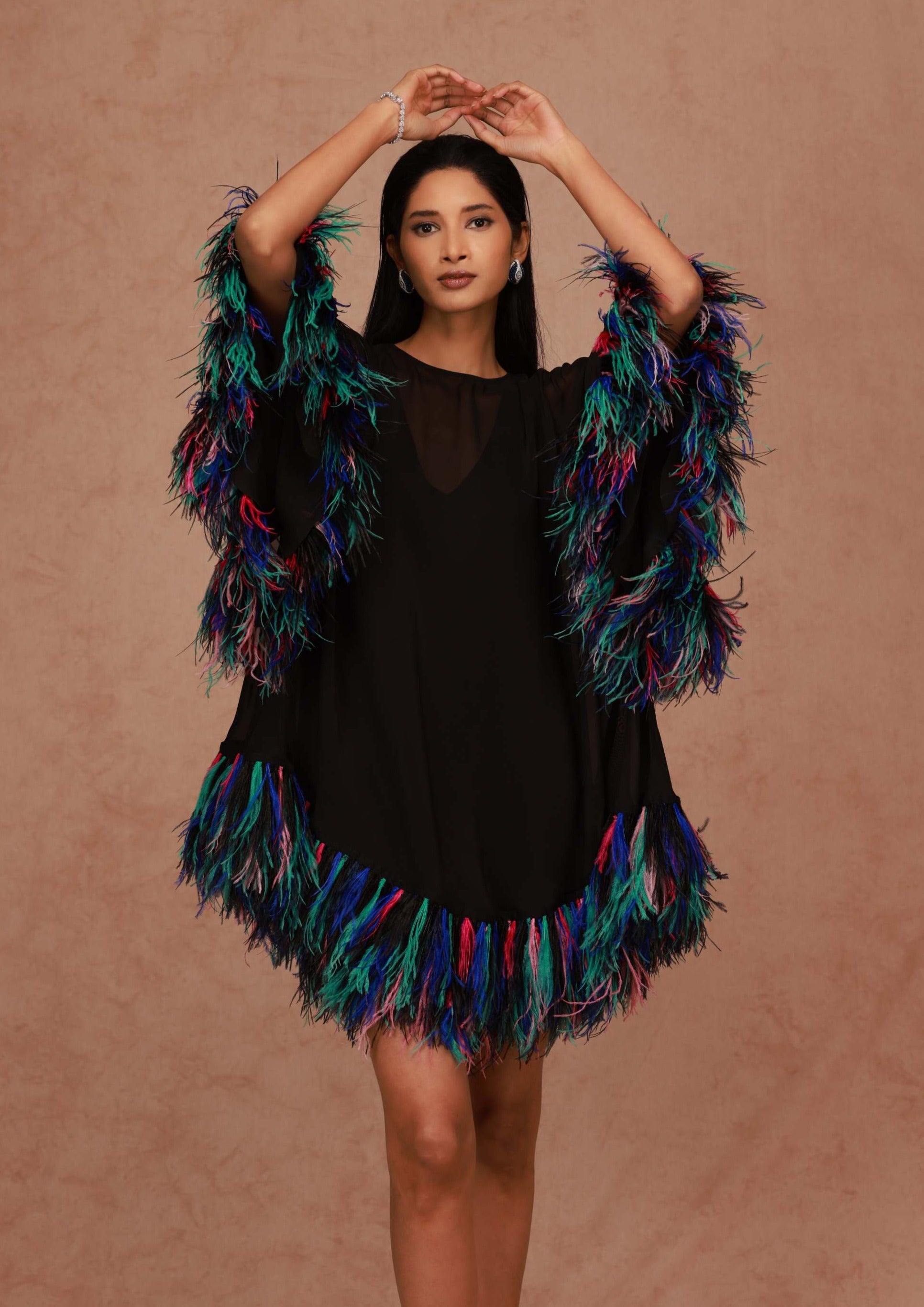 Shriya Som | Black Kaftan Mini Dress With Feathers | INDIASPOPUP.COM CUSTOM Shriya Som | Black Kaftan Mini Dress With Feathers | INDIASPOPUP.COM CUSTOM