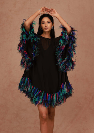 Shriya Som-Black Kaftan Mini Dress With Feathers-INDIASPOPUP.COM