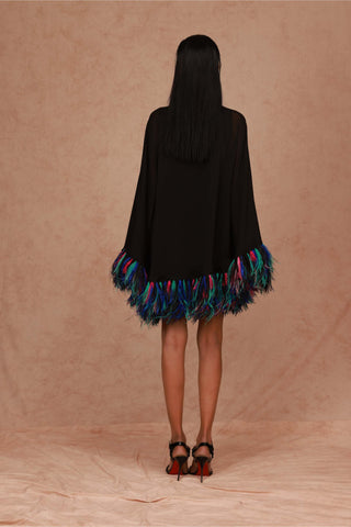 Shriya Som-Black Kaftan Mini Dress With Feathers-INDIASPOPUP.COM