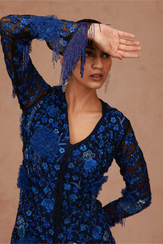 Shriya Som-Blue Black Floral Fringe Jacket Dress-INDIASPOPUP.COM