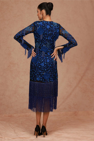 Shriya Som-Blue Black Floral Fringe Jacket Dress-INDIASPOPUP.COM