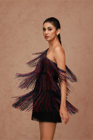 Shriya Som-Black One Shoulder Fringe Mini Dress-INDIASPOPUP.COM