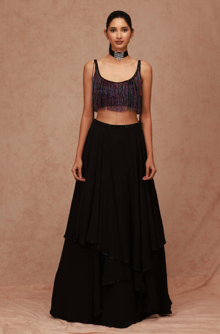 Shriya Som-Black A-Line Skirt With Fringe Blouse-INDIASPOPUP.COM