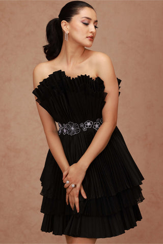 Shriya Som-Black Pleated Taffeta Cabbage Dress With Belt-INDIASPOPUP.COM