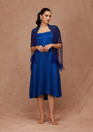 Shriya Som-Blue Fringe Feather Cape With Slip Dress-INDIASPOPUP.COM