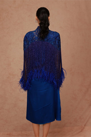Shriya Som-Blue Fringe Feather Cape With Slip Dress-INDIASPOPUP.COM