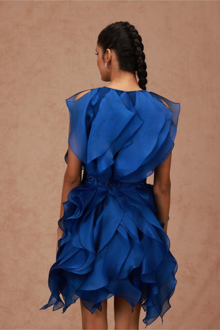 Shriya Som-Bright Blue Organza Ruffle Dress With Belt-INDIASPOPUP.COM