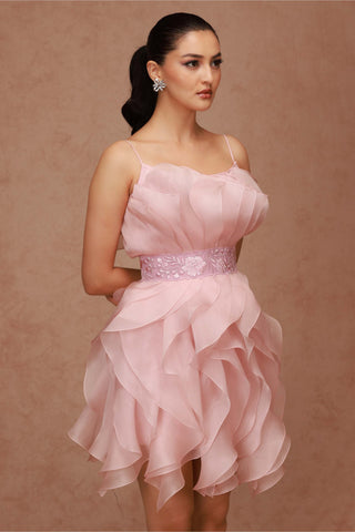 Shriya Som-Pink Spaghetti Ruffle Dress With Belt-INDIASPOPUP.COM