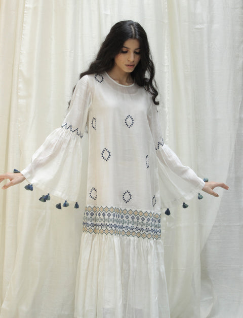 Shivani Bhargava-Cream Gather Frill Dress-INDIASPOPUP.COM