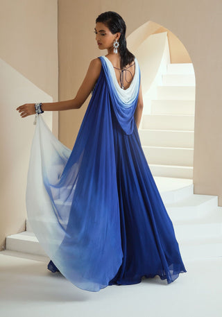 Electric Blue Embellished Anarkali With Draped Dupatta
