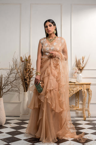 Seema Thukral-Champagne Predraped Ruffled Saree-INDIASPOPUP.COM