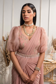 Seema Thukral-Dusty Pink Draped Saree Gown-INDIASPOPUP.COM