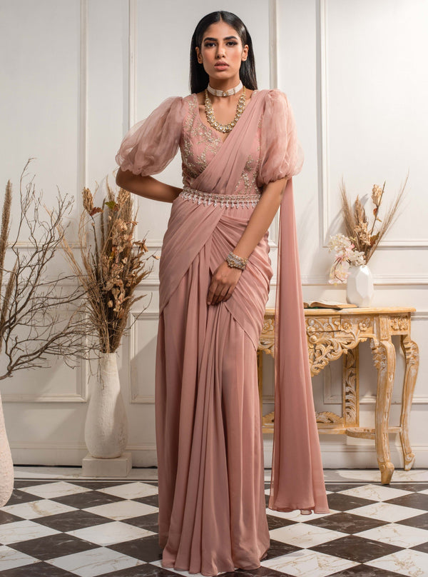 Blush Pink Embroidered Saree Gown Design by Dhwaja at Pernia's Pop Up Shop  2024