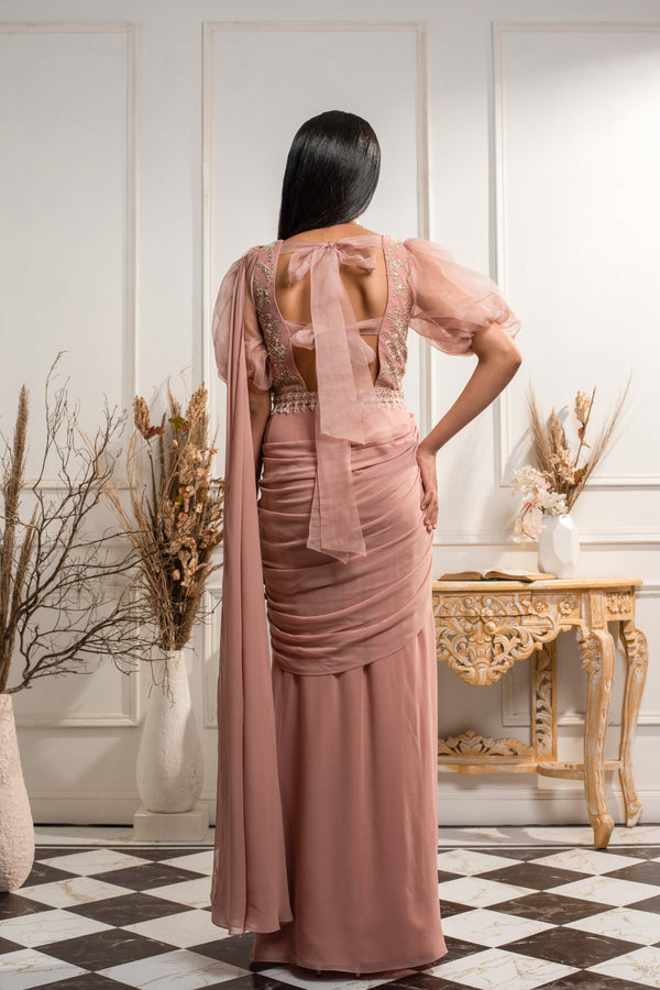 Seema Thukral-Dusty Pink Draped Saree Gown-INDIASPOPUP.COM