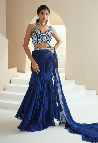 Electric Blue Stitched Ruffle Saree Set