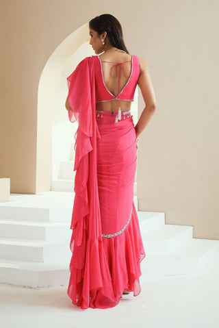 Hot Pink Stitched Ruffle Saree Set