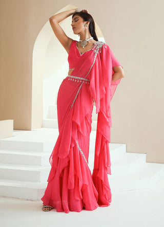 Hot Pink Stitched Ruffle Saree Set