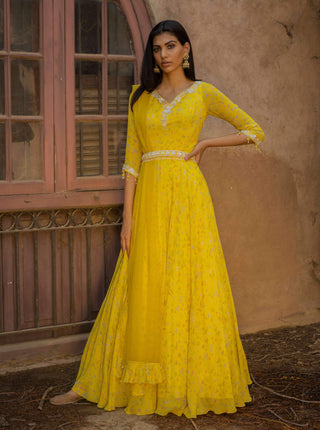 Seema Thukral-Yellow Embellished Anarkali Set With Belt-INDIASPOPUP.COM