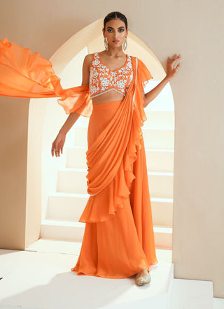 Orange Embellished Choli With Pallu Sharara