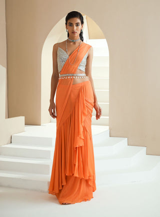 Orange Stitched Saree Set