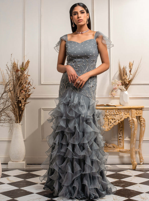 Seema Thukral-Stone Blue Ruffle Gown-INDIASPOPUP.COM