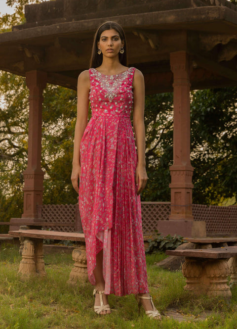 Seema Thukral-Fuchsia Pink Embellished Draped Dress-INDIASPOPUP.COM