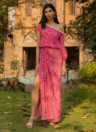 Seema Thukral-Fuchsia Pink Embellished Draped Dress-INDIASPOPUP.COM