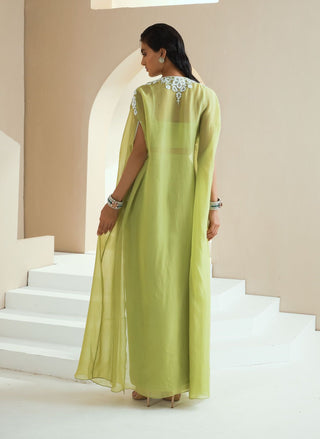 Green Embellished Cape With Choli And Draped Skirt