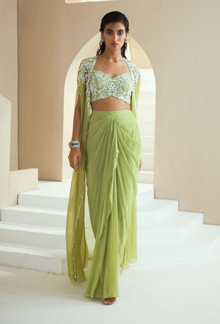 Green Embellished Cape With Choli And Draped Skirt
