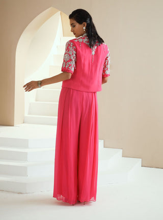 Hot Pink Embellished Jacket And Pant Set