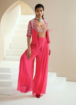 Hot Pink Embellished Jacket And Pant Set