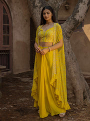 Seema Thukral-Yellow Embellished Cape With Cami Top And Draped Skirt-INDIASPOPUP.COM