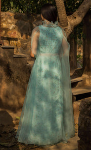 Seema Thukral-Blue Embellished Draped Dress With Cape-INDIASPOPUP.COM