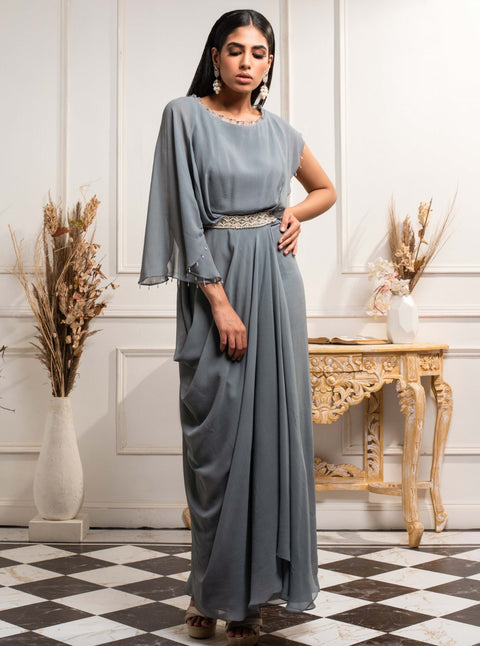 Seema Thukral-Stone Blue Draped Dress-INDIASPOPUP.COM
