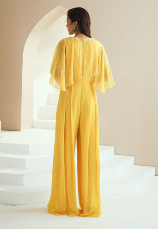 Yellow Embellished Jumpsuit With Cape