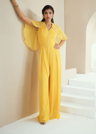 Yellow Embellished Jumpsuit With Cape