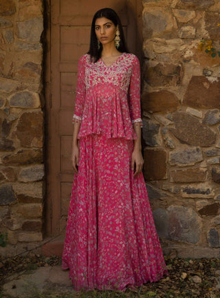 Seema Thukral-Fuscia Pink Peplum Top With Skirt-INDIASPOPUP.COM