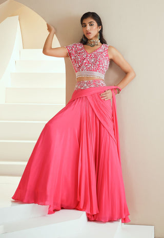 Hot Pink Embellished Lehenga Sari Set