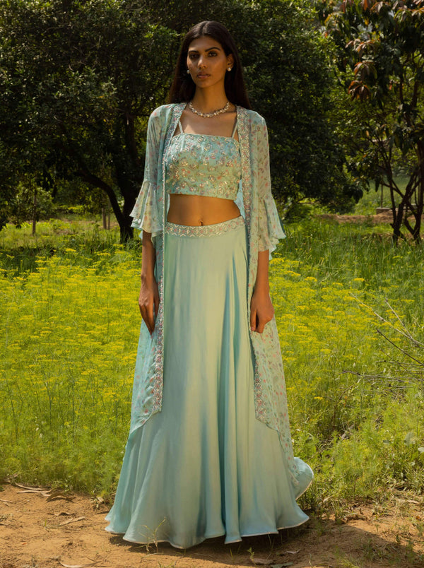 Seema Thukral-Blue Embellished Jacket With Top And Skirt-INDIASPOPUP.COM