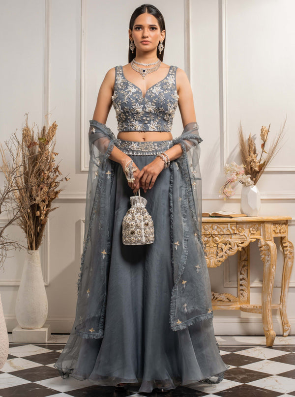 Seema Thukral-Stone Blue Embellished Skirt Set-INDIASPOPUP.COM