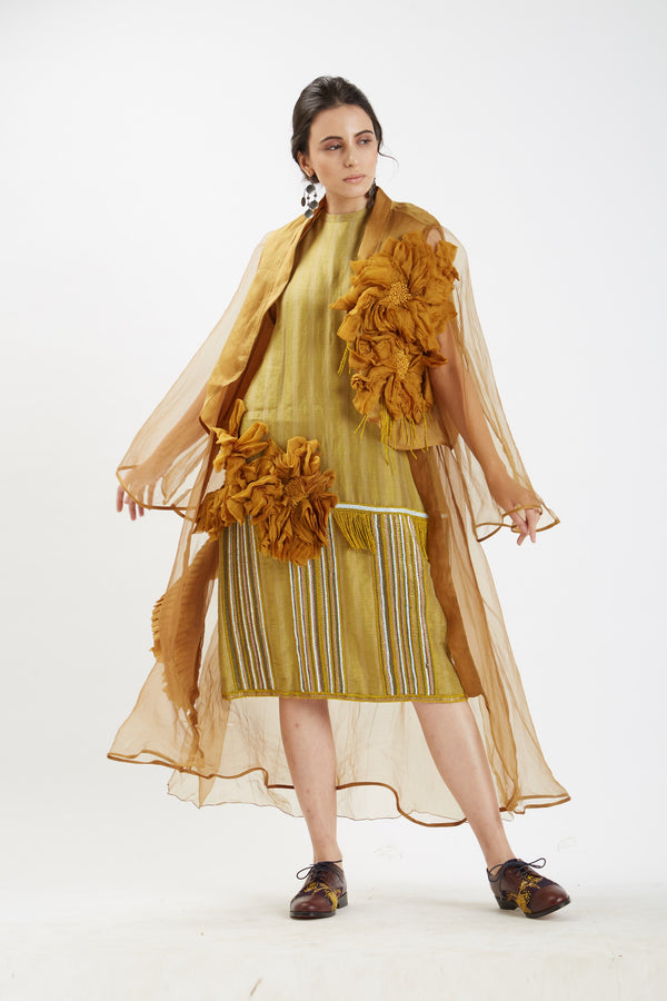 Nidhi Yasha-Yellow Embroidered Sleeveless Dress With Cape-INDIASPOPUP.COM