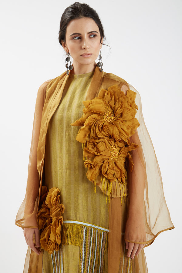Nidhi Yasha-Yellow Embroidered Sleeveless Dress With Cape-INDIASPOPUP.COM