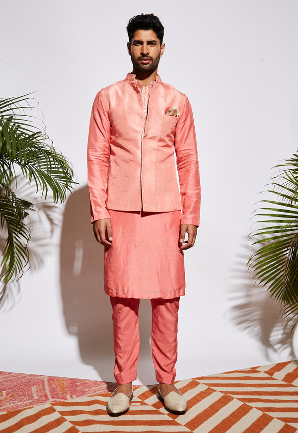 Sva By Sonam And Paras Modi-Pink Kurta Set With Embellished Collar And Bundi-INDIASPOPUP.COM
