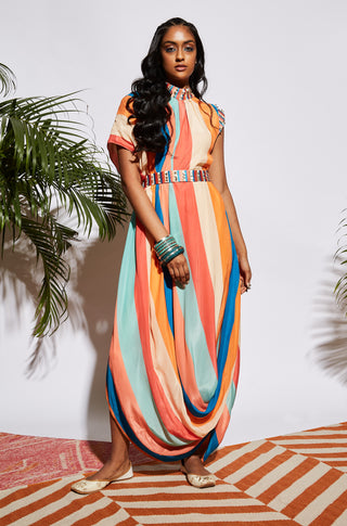 Sva By Sonam And Paras Modi-Multicolor Stripe Print Drape Dress-INDIASPOPUP.COM