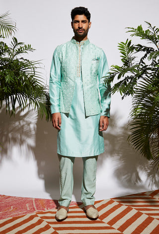 Sva By Sonam And Paras Modi-Mint Kurta Set And Embroidered Bundi-INDIASPOPUP.COM