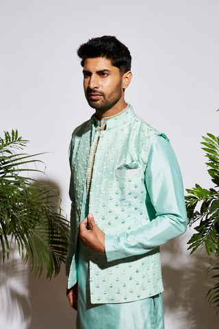 Sva By Sonam And Paras Modi-Mint Kurta Set And Embroidered Bundi-INDIASPOPUP.COM