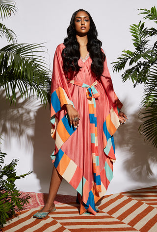 Sva By Sonam And Paras Modi-Pink Asymmetrical Kaftan With Belt-INDIASPOPUP.COM