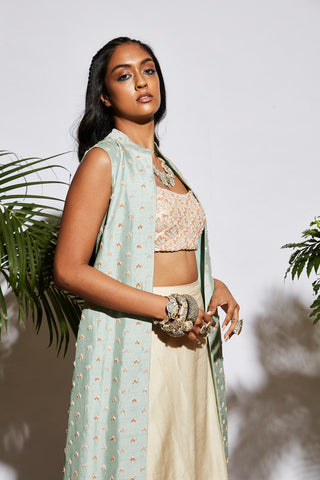 Sva By Sonam And Paras Modi-Biege Mint Ombre Drape Skirt With Structured Jacket.-INDIASPOPUP.COM