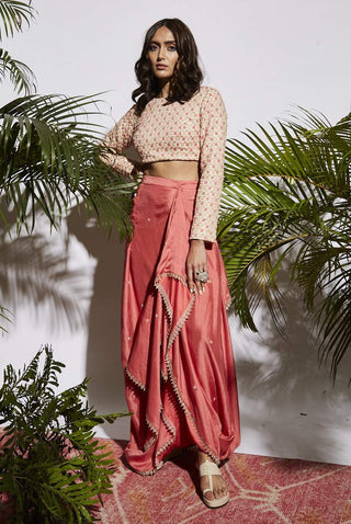 Sva By Sonam And Paras Modi-Embroidered Crop Top With Pink Drape Skirt-INDIASPOPUP.COM